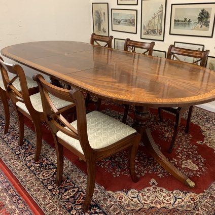 Outstanding Quality Inlaid Mahogany Pedestal Dining Table And Six Matching Chairs - Now Sold