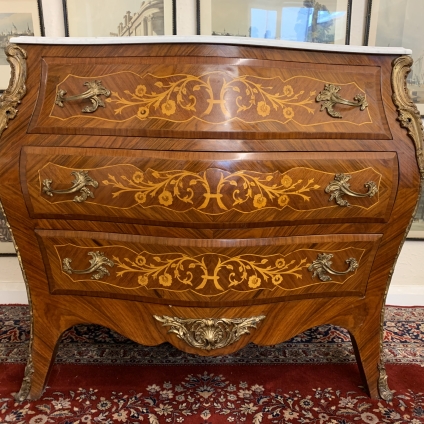 Stunning French Marquetry Inlaid Bombay Shaped Marble Top Commode - Now Sold