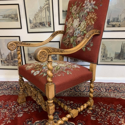 Outstanding Quality French Carved Walnut Barley Twist Needlepoint Throne/armchair  - Now Sold