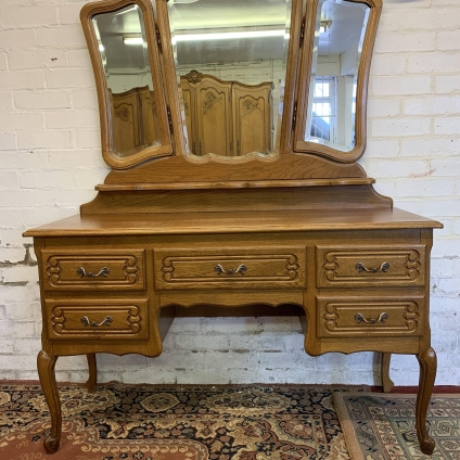 Elegant French Carved Oak Triple Mirror Dressing Table - Now Sold