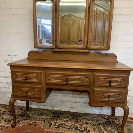 Elegant French Carved Oak Triple Mirror Dressing Table - Now Sold