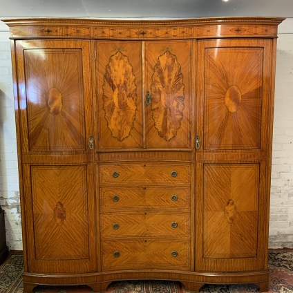Stunning Antique Satin Walnut Inlaid Serpentine Shaped Fitted Wardrobe Circa1900 - Now Sold