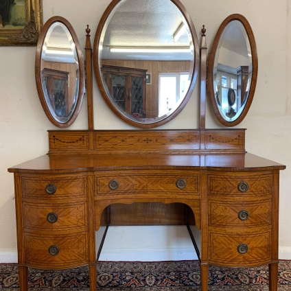 Stunning Antique Satin Walnut Inlaid Triple Mirror Dressing Table Circa1900 - Now Sold