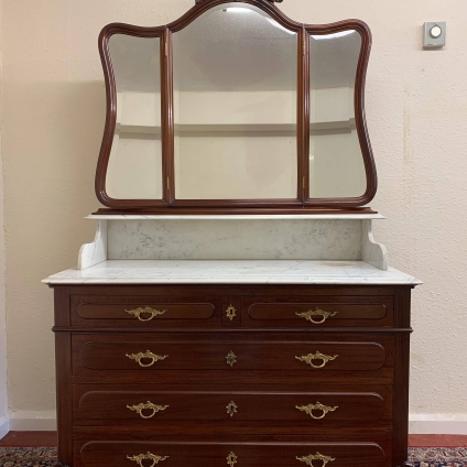 Stunning Antique French Mahogany Triple Mirror Marble Topped Dressing Chest Circa 1880 - Now Sold