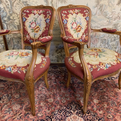 Fabulous Pair Of Antique French Carved Walnut Needlepoint Salon/armchairs - Now Sold