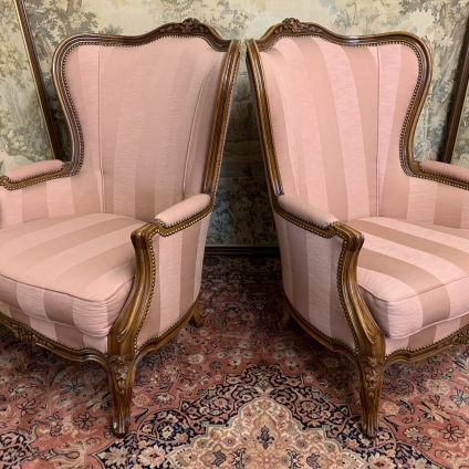 Stunning Pair Of Antique French Carved Walnut Upholstered High Back Armchairs - Now Sold