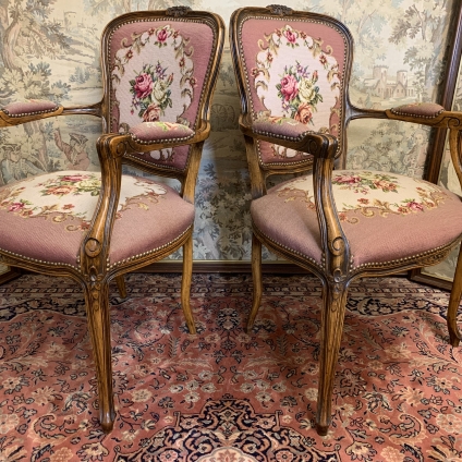 Stylish Pair Of Antique French Carved Walnut Needlepoint Salon/armchairs - Now Sold