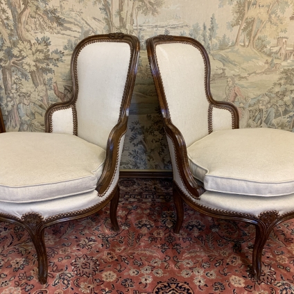 Stylish Pair Of French Carved Walnut Shaped Salon/bedroom Chairs - Now Sold