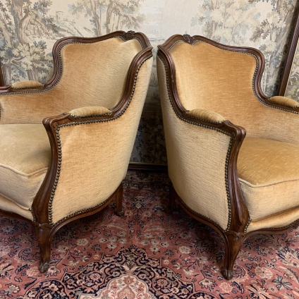 Fabulous Pair Of French Carved Walnut Upholstered Tub Chairs - Now Sold