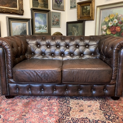 Quality Antique Brown Leather Buttoned Back Chesterfield Two Seater Sofa - Now Sold