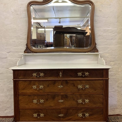 Outsanding Quality Antique French Mahogany Marble Top Chest With Mirror Back - Now Sold