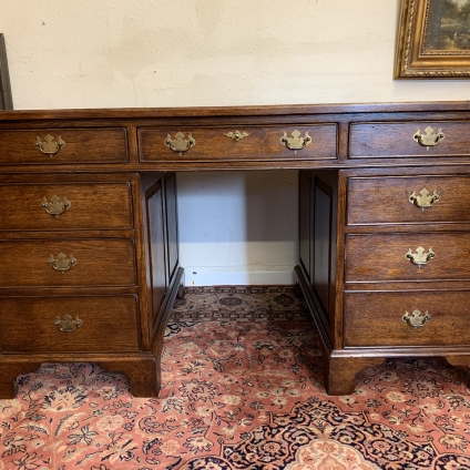 Outstanding Quality Oak Antique Green Leather Top Pedestal Desk - Now Sold