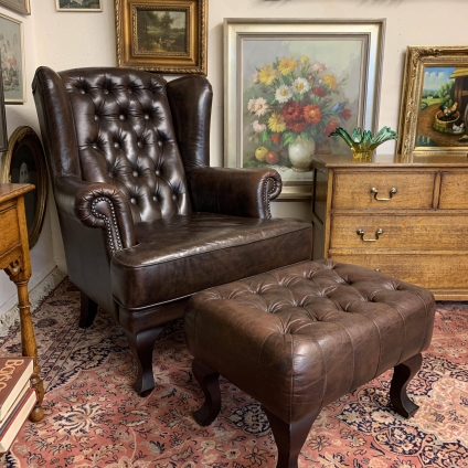 Antique Brown Leather Chesterfield Wingback Armchair With Matching Stool - Now Sold