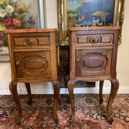 Fantastic Pair Of Antique French Oak Marble Top Bedside Cabinets - Now Sold