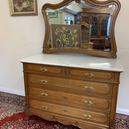 Antique French Carved Oak Mirrored Marble Top Dressing Chest Circa 1890 - Now Sold
