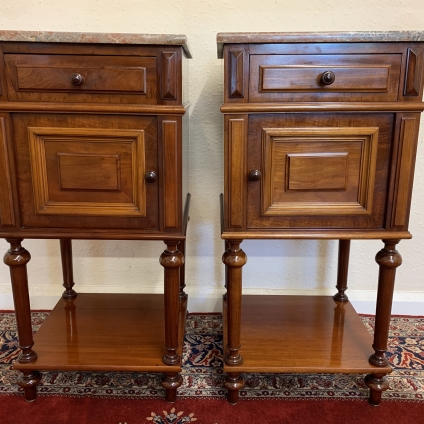 Pair Of Outstanding Quality Antique French Mahogany Marble Top Bedside Cabinets - Now Sold