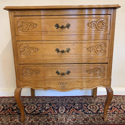 Neat Sized Carved Oak Serpentine Shaped Chest Of Three Drawers - Now Sold