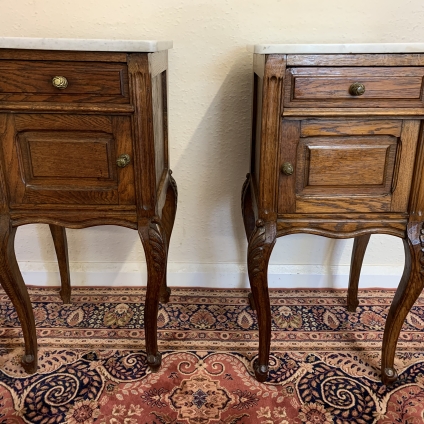 Pair Of Antique French Carved Oak Marble Top Bedside Cabinets/cupboards - Now Sold
