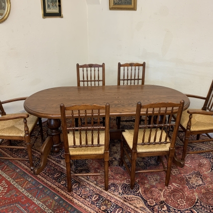Fantastic Quality Oak Twin Pedestal Dining Table And Six Matching Chairs - Now Sold
