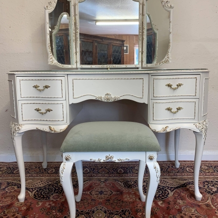 Quality Olympus Cream & Gilt Kidney Shaped Triple Mirror Dressing Table & Stool - Now Sold