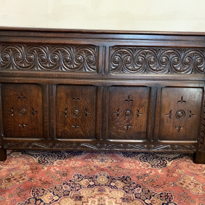 Large Antique Four Panelled Carved Oak Lift Up Lid Chest/blanket Box/coffer - Now Sold