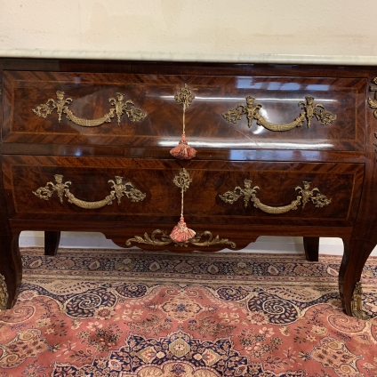 Stunning French Inlaid Mahogany Marble Top Bombe Shaped Chest Of Drawers - Now Sold