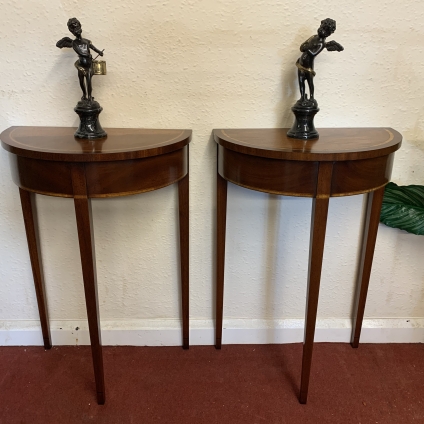 Stunning Pair Of Inlaid Mahogany Demi Lune Tables - Now Sold
