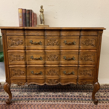 Fantastic French Carved Oak Serpentine Shaped Chest Of Three Drawers - Now Sold