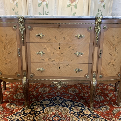 Outstanding French Marquetry Inlaid Shaped Walnut Marble Top Credenza/sideboard - Now Sold