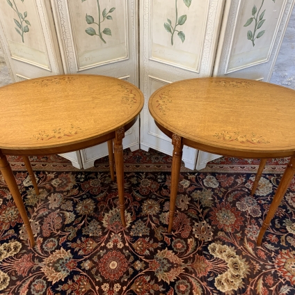 Stunning Pair Of Oval Satin Walnut Hand Painted Tables - Now Sold