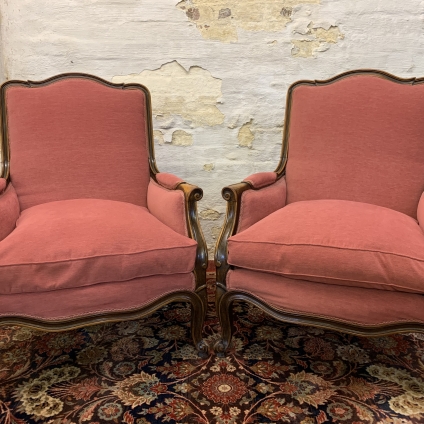 Fantastic Pair Of Antique French Shaped Walnut Upholstered Armchairs - Now Sold