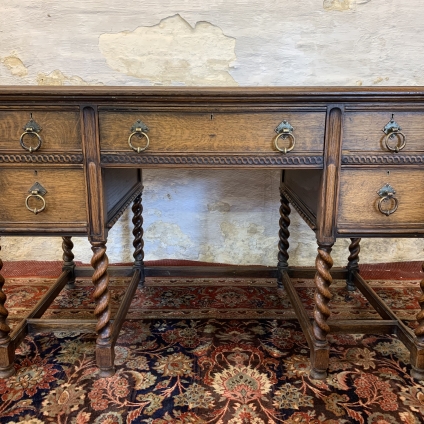 Antique English Oak Barley Twist Leather Top Desk Circa 1920 - Now Sold