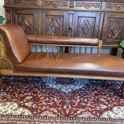Outstanding Quality Victorian Carved Oak Leather Upholstered Chaise Lounge - Now Sold