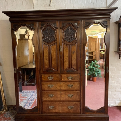 Outstanding Quality Carved Walnut Victorian Mirrored Door Combination Wardrobe - Now Sold