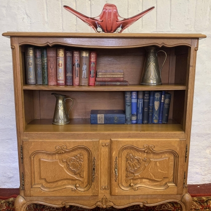 Elegant Vintage French Carved Oak Open Bookcase With Cupboards Below - Now Sold
