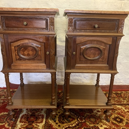 Outstanding Pair Of Antique French Carved Walnut Marble Top Bedside Cabinets - Now Sold