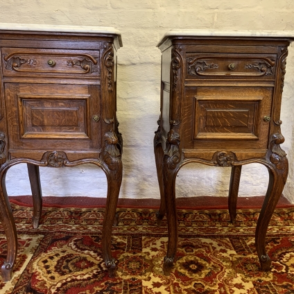 Stunning Antique Pair Of French Carved Oak Marble Top Bedside Cabinets Circa1890 - Now Sold