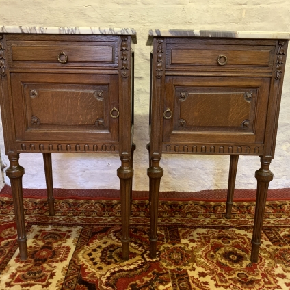 Pair Of Antique French Carved Oak Marble Top Bedside Cabinets Circa 1910 - Now Sold