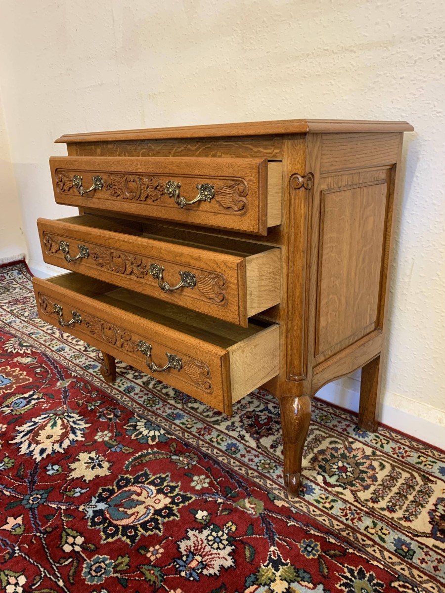 Elegant French Carved Oak Chest Of Three Drawers - Now Sold - Image 4