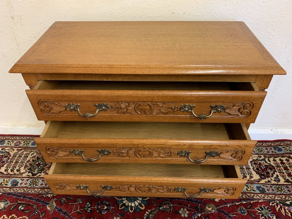 Elegant French Carved Oak Chest Of Three Drawers - Now Sold - Image 9