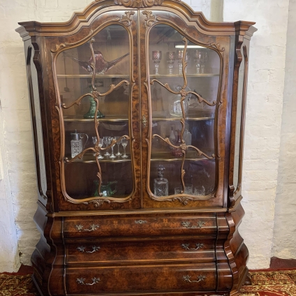 Stunning Dutch Bombe Shaped Carved Burr Walnut Glazed Cabinet - Now Sold