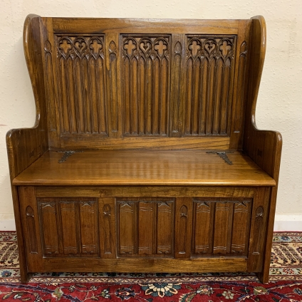 Carved Oak Gothic Style Settle With Lift Up Lid - Now Sold