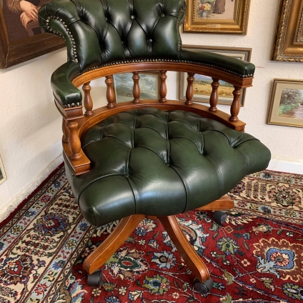 Fabulous Quality Buttoned Antique Green Leather Office Chair - Now Sold