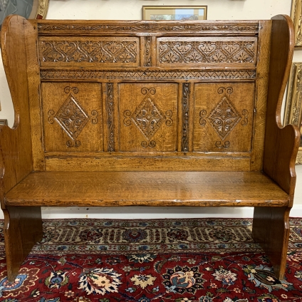 Stunning Quality English Carved Oak Three Panelled Settle Bench - Now Sold