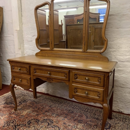Elegant French Carved Oak Triple Mirror Dressing Table - Now Sold