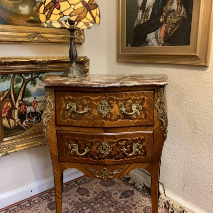 French Shaped Kingwood Marquetry Inlaid Gilt And Marble Top Commode/chest - Now Sold