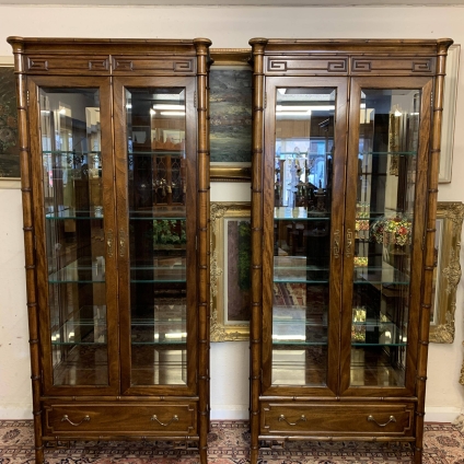 Stunning Pair Of Walnut Chippendale Influenced Bamboo Glazed Display Cabinets - Now Sold
