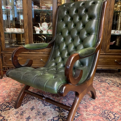 Fabulous Buttoned Antique Green Leather Mahogany Chesterfield Slipper Chair - Now Sold