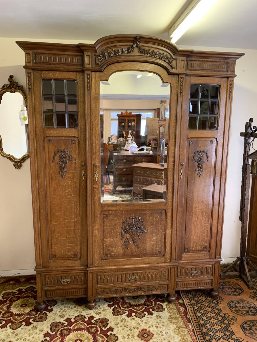 Fabulous Antique French Carved Oak Brakefront Mirror Door Armoire/wardrobe - Now Sold