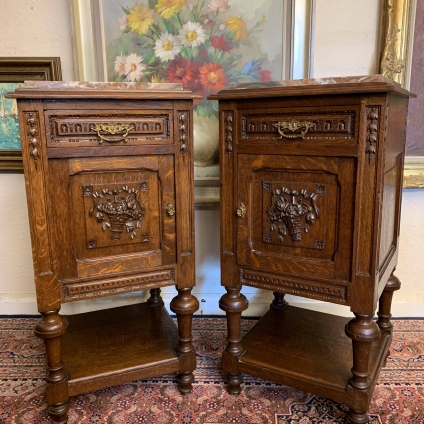 Stunning Pair Of Antique French Carved Oak Marble Top Bedside Cabinets - Now Sold